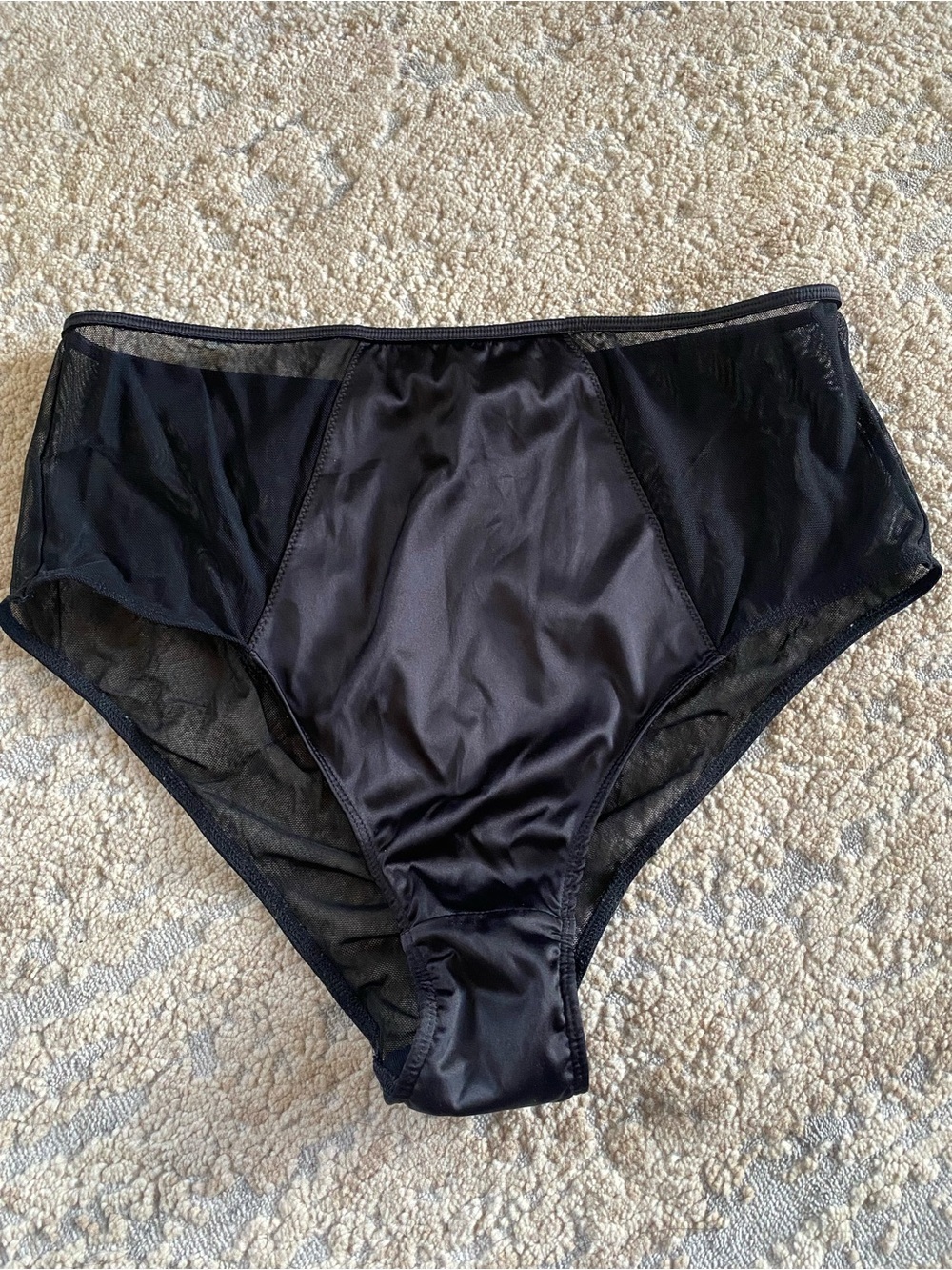Halogen Black Satin Sheer Mesh Panel High-Waist Briefs Panties: Medium